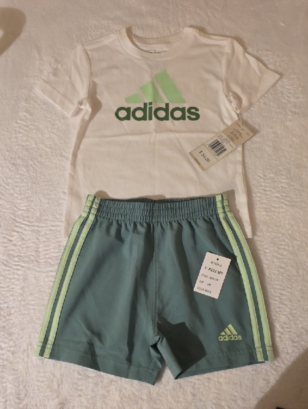 adidas White Tee with Mint Green Logo and Teal Athletic Shorts - Kids